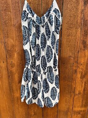 Izzy & Lola Leaf Print Romper Blue White Lace Trim Size S Vacation Summer Beach